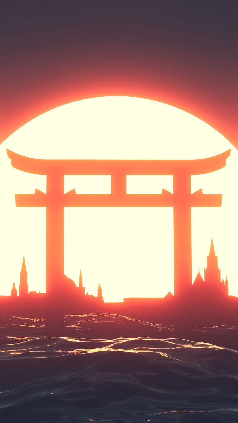 The Sunraise, japan, japanese, nature, ocean, silhouette, sun, sunset, torii, water, HD phone wallpaper