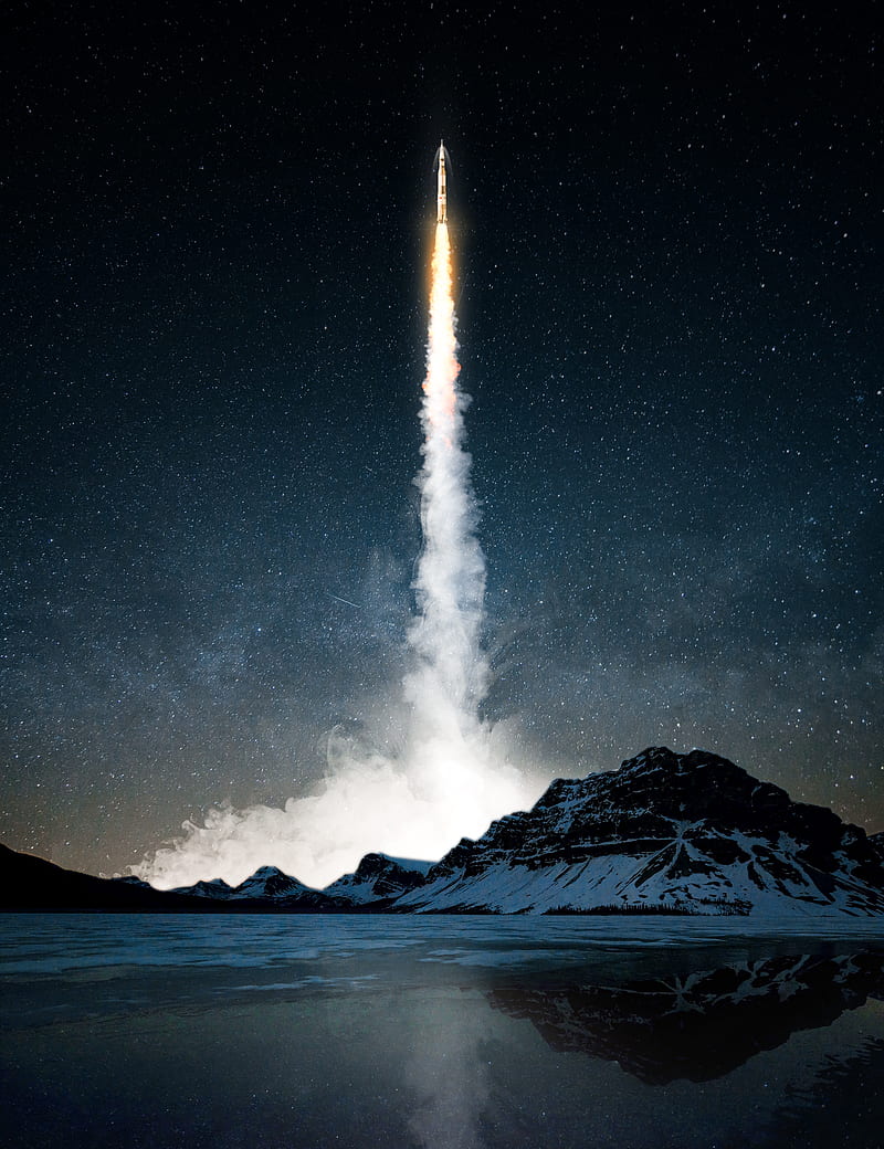 rocket, smoke, night, starry sky, space, dark, HD phone wallpaper