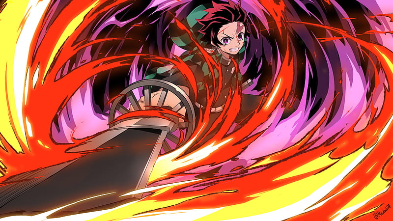 Demon Slayer Tanjiro Kamado With Background Of Red Purple Yellow Black Abstract Anime, HD wallpaper