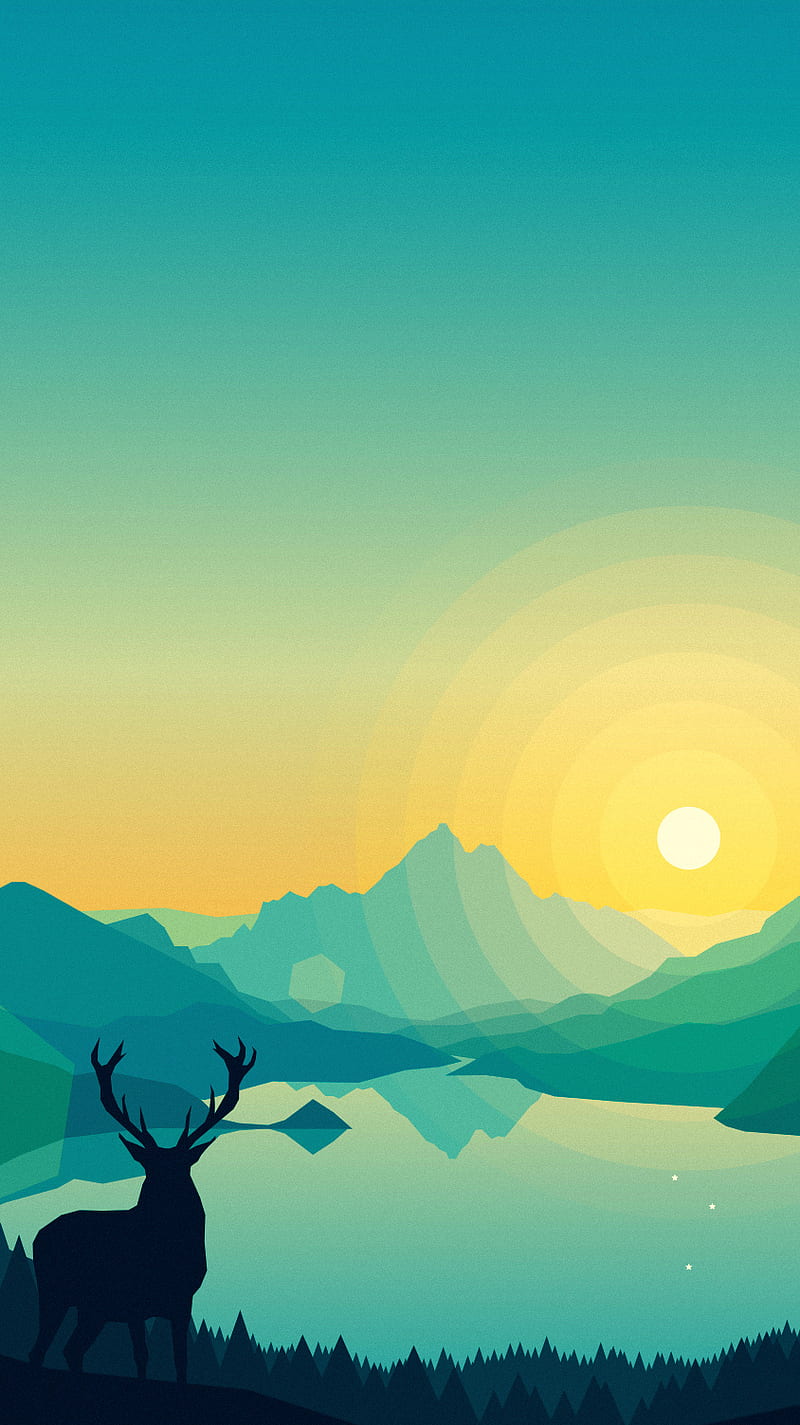 winter deer, iphone, lake, mountains, nature, sun, sunrise, HD phone wallpaper