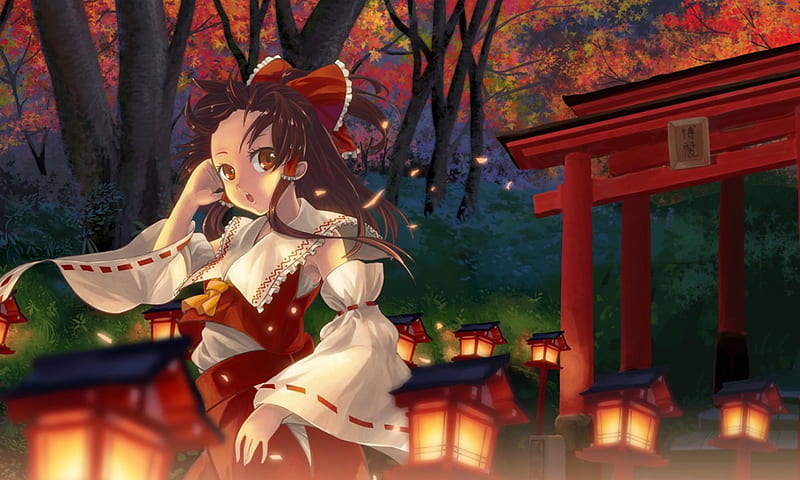 Night At The Shrine Hakurei Reimu Lantern Sparks Anime Shrine Touhou Hot Hd Wallpaper Peakpx