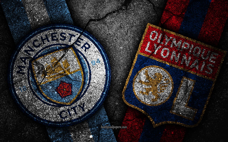 Manchester City vs Olympique Lyon Champions League, Group Stage, Round 1, creative, Manchester City FC, Olympique Lyon FC, black stone, Man City, Lyon, HD wallpaper