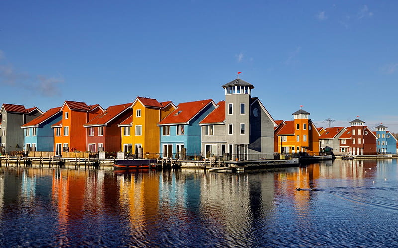 Groningen, Netherlands, water, Netherlands, Groningen, houses, HD wallpaper