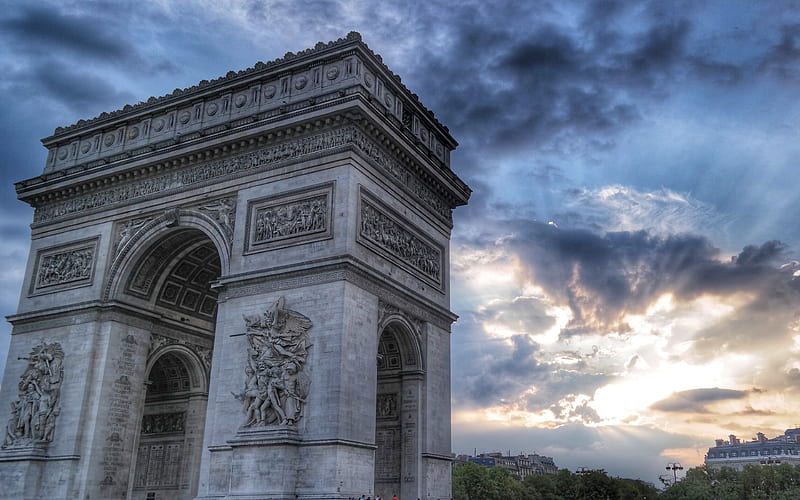 Triumphal Arch, sunset, evening, french landmarks, Paris, France, Europe, HD wallpaper