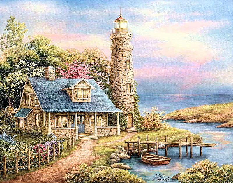Evening Lights, cottage, pier, trees, artwork, lighthouse, sea, ska, boat, painting, path, HD wallpaper
