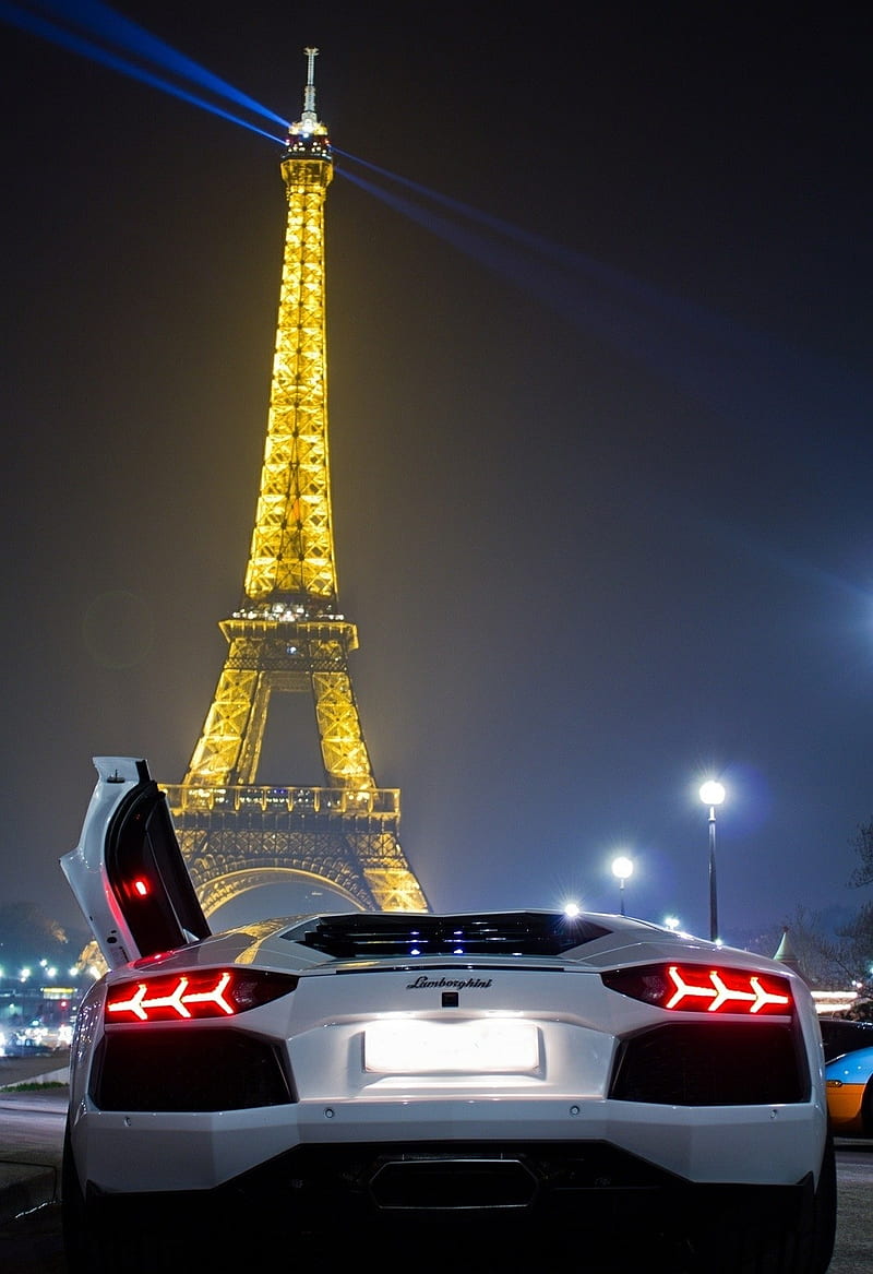 Lamborghini Tower, fast, lambo, led, night, paris, white, HD phone wallpaper
