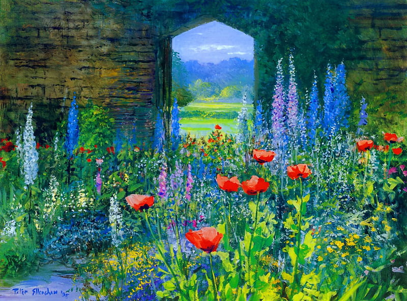 Summer garden, pretty, colorful, poppies, bonito, fragrance, door, mountain, nice, stones, painting, open, gate, art, lupin, lovely, view, greenery, scent, spring, mood, arch, summer, garden, nature, alley, field, HD wallpaper