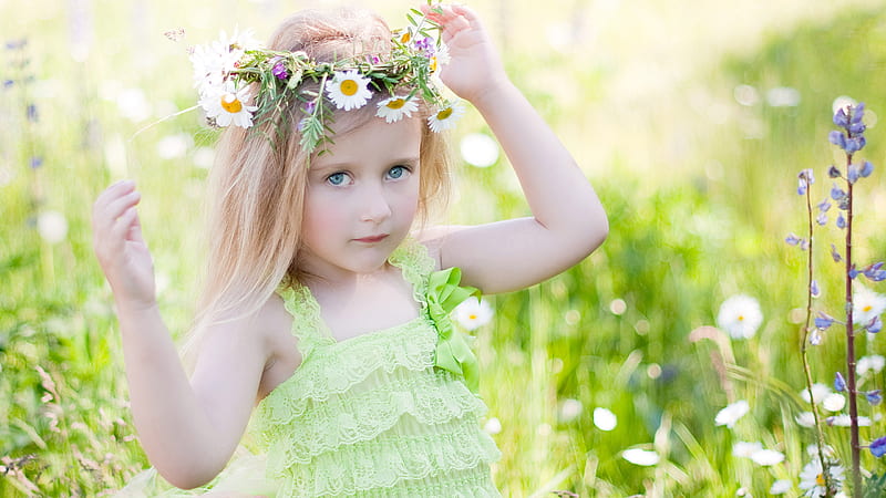 Grey Eyes Cute Little Girl With Wreath Is Wearing Green Dress Standing In Blur Green Plants Background Cute, HD wallpaper
