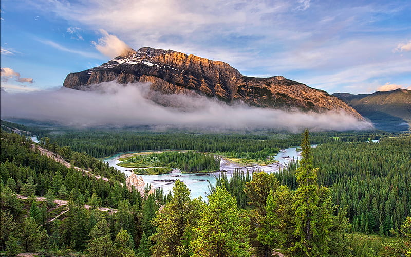 Mt. Rundle/Bow Valley ~ Banff, Alberta, mountain, forest, river, canada, HD wallpaper