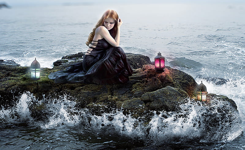 Let Me Dream, lantern, rock, ocean, bonito, woman, sea, fantasy, girl, dark, black dress, HD wallpaper