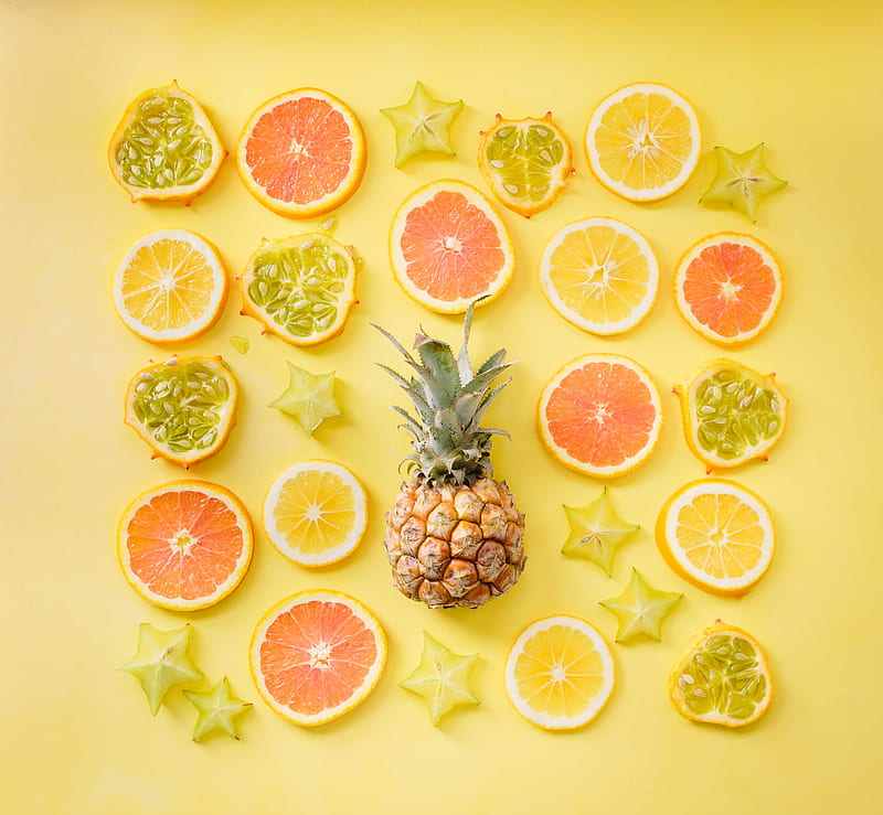 pineapple surrounded by citrus fruits, HD wallpaper