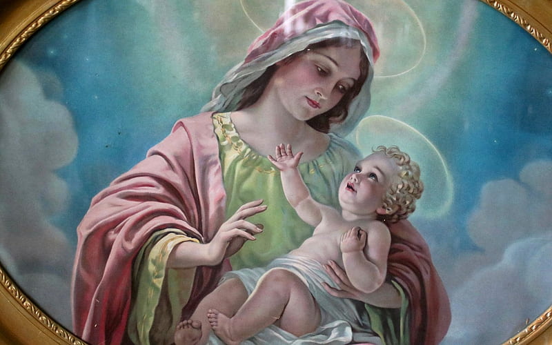 Mary with Jesus, Baby, Virgin, Jesus, Mary, painting, HD wallpaper