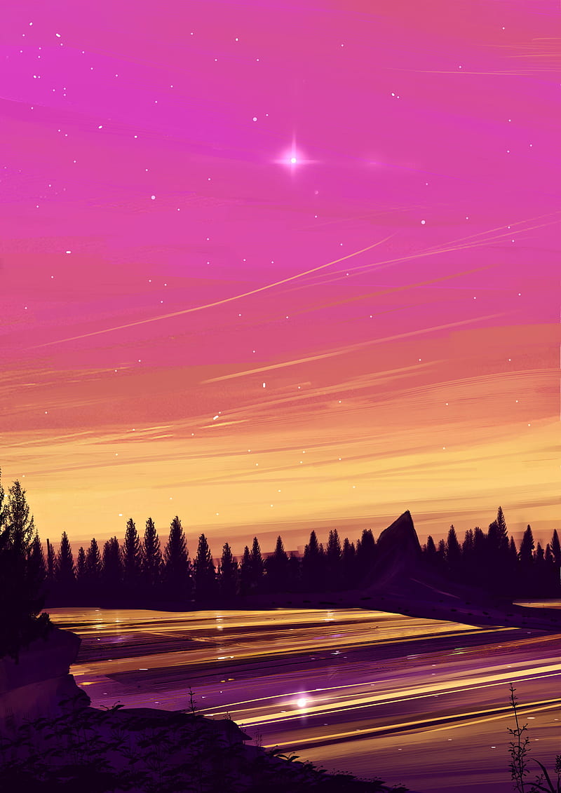 lake, night, starry sky, art, landscape, HD phone wallpaper