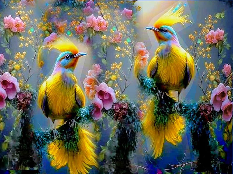 Tweety Pies Yellow, colorful, blue, birds, black, vibrant, pink, vivid, green, yellow, limbs, bright, bold, flowers, HD wallpaper