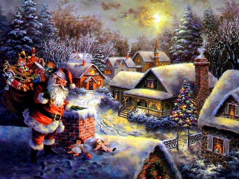 old saint nick, trees, snow, lights, gifts, HD wallpaper