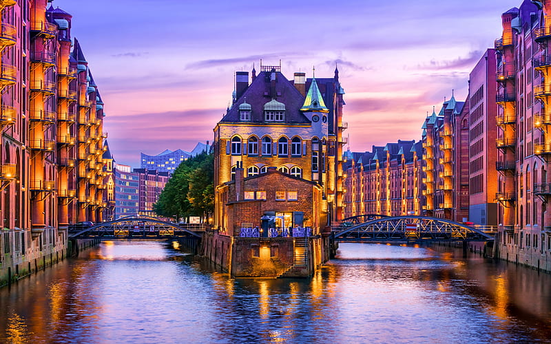 Hamburg, Germany, The Warehouse District, evening, sunset, canal, river, landmark, HD wallpaper