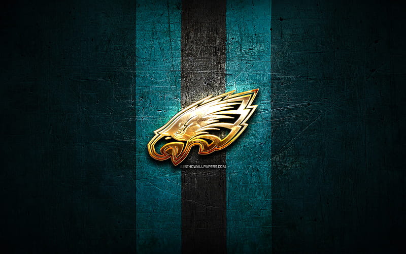 Philadelphia Eagles, golden logo, NFL, blue metal background, american football club, Philadelphia Eagles logo, american football, USA, HD wallpaper