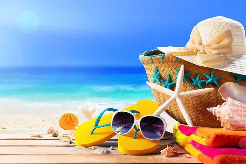 Have an amazing summer!, hat, beach, sunglasses, flip-flop, bag, starfish, HD wallpaper