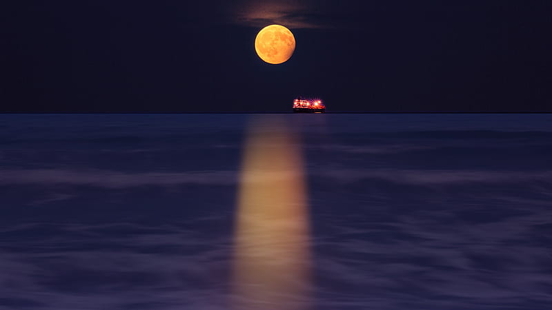 sea, moon, ship, night, light, HD wallpaper