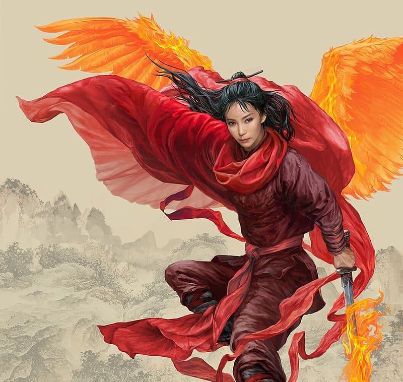 Phoenix girl, wings, phoenix, sergey shikin, fantasy, asian, red, girl, fire, quang, HD wallpaper