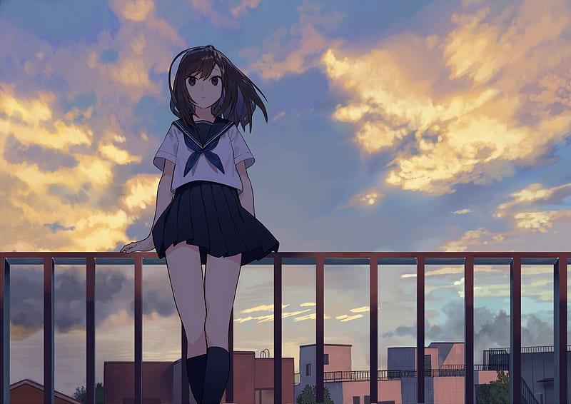 Anime Girl, Sky, Anime, Black Hair, Rooftop, Short Hair, School Uniform,  Buildings, HD wallpaper | Peakpx