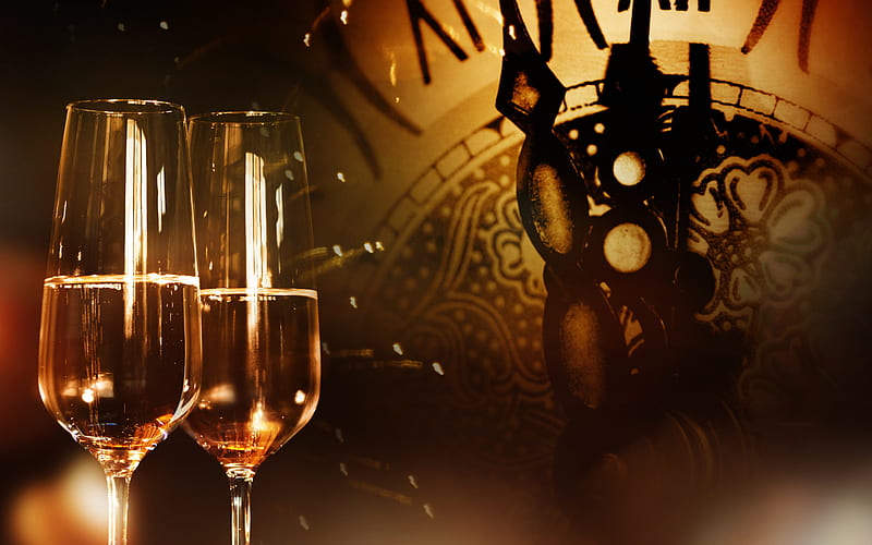 New Year, champagne, evening, midnight, clock, 2019, glasses of champagne, HD wallpaper