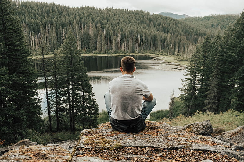 man, lake, forest, nature, solitude, HD wallpaper