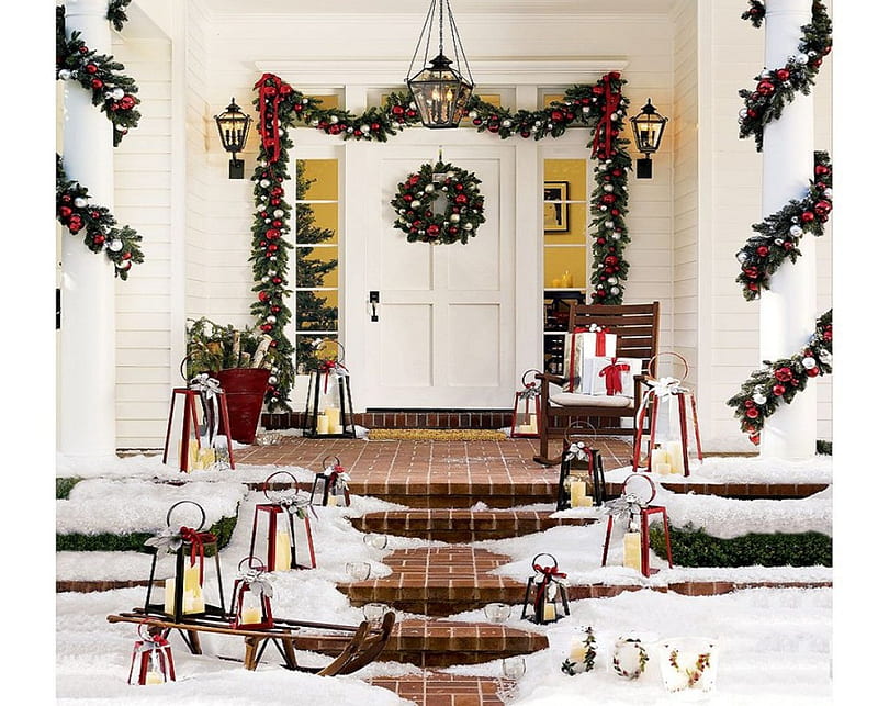 Christmas, ornaments, wreath, house, home, bonito, bows, door, green, season, chair, light, lanterns, poles, ribbon, joy, sled, pillar, candles, seasonal, porch, snow, presents, white, gifts, steps, HD wallpaper