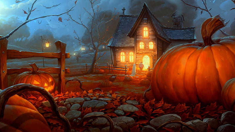 halloween, garden, pumpkins, house, night, foggy, artwork, Fantasy, HD wallpaper