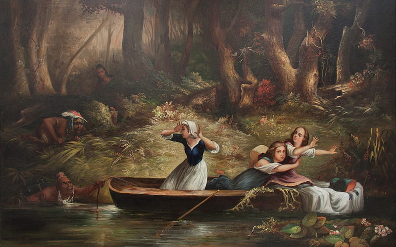 Capture of the Calloway girls and Jemima Boone, forest, luminos, 1835, boat, painting, karl bodmer, river, pictura, indians, HD wallpaper
