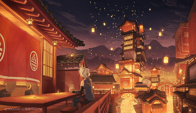 anime festival, lanterns, traditional buildings, scenic, boy, Anime, HD wallpaper