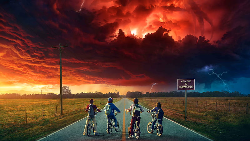 Stranger Things, 2017, TV Series poster, children on bicycles, Gaten Matarazzo, Finn Wolfhard, HD wallpaper