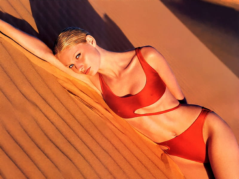 Kirsty, red, sand, female, girl, model, woman, sexy, bikini, HD wallpaper