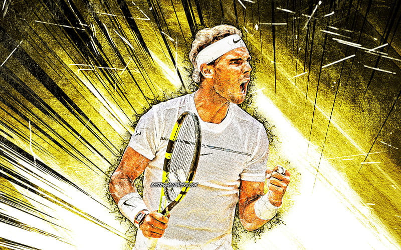 Rafael Nadal, grunge art, spanish tennis players, ATP, yellow abstract rays, tennis, Rafael Nadal Parera, HD wallpaper