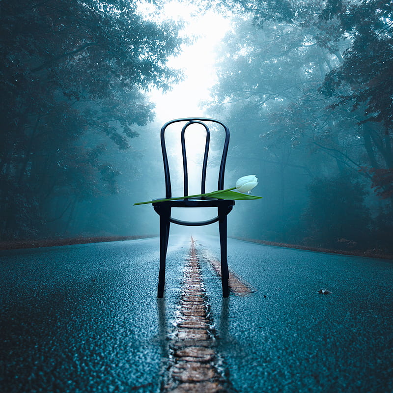 road, chair, forest, rain, blue, love, cyan, HD phone wallpaper