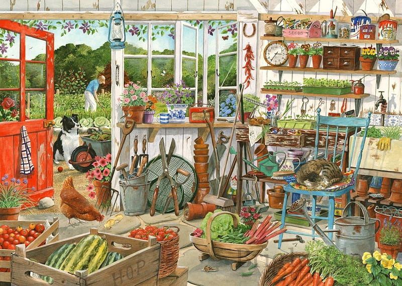 The Potting Shed, veggies, painting, flower, potting, shed, dog, HD wallpaper
