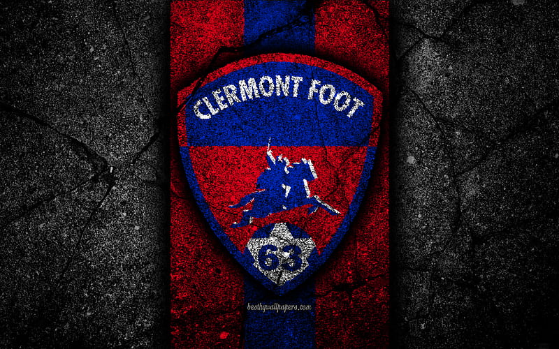 Clermont Foot FC, logo, Ligue 2, football, black stone, France, soccer, football club, Liga 2, Clermont Foot, asphalt texture, french football club, FC Clermont Foot, HD wallpaper