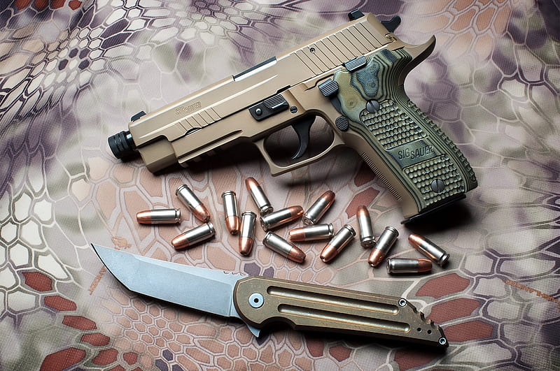 SIG Sauer P226, P226, bullets, gun, blade, Sauer, SIG, weapon, knife, HD wallpaper