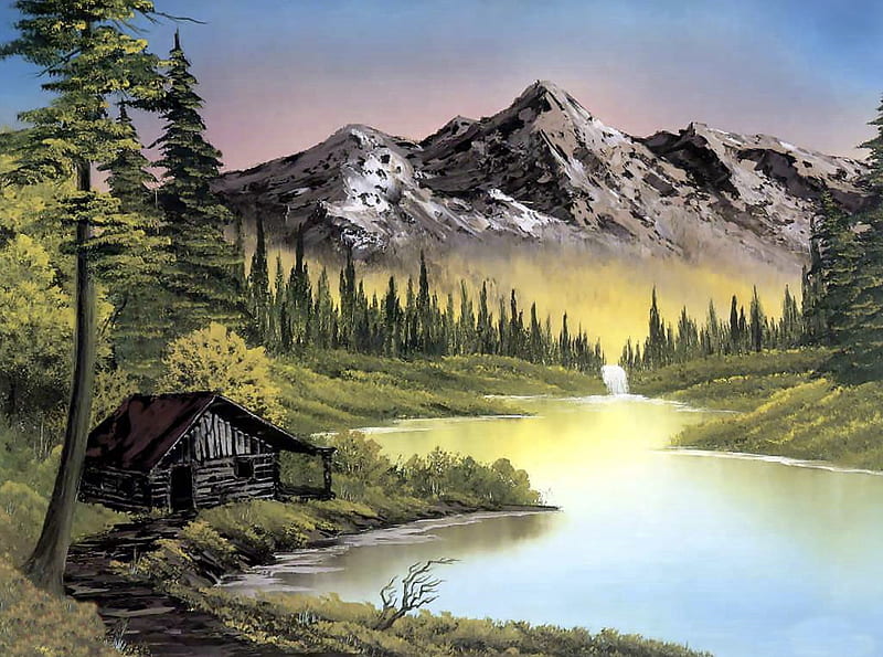 Mountain - Art, mountain, idylle, art, fantasy, house, waterfall, nature, lake, HD wallpaper