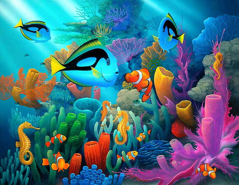 ★Underwater World★, corals, pretty, colorful, oceans, attractions in dreams, bonito, paintings, sealife, animals, blue, underwater, fishes, lovely, colors, love four seasons, creative pre-made, seahorses, paradise, nature, HD wallpaper