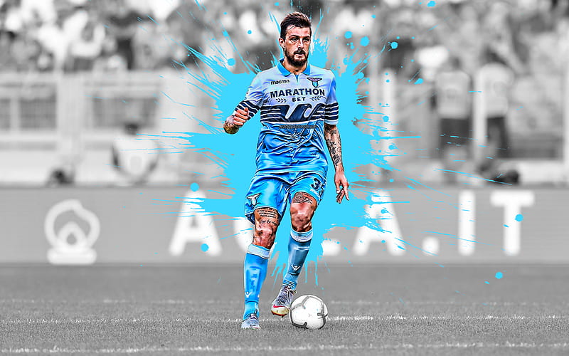 Francesco Acerbi, Lazio SS, Italian football player, defender, blue paint splashes, portrait, Serie A, Italy, football, Lazio, HD wallpaper