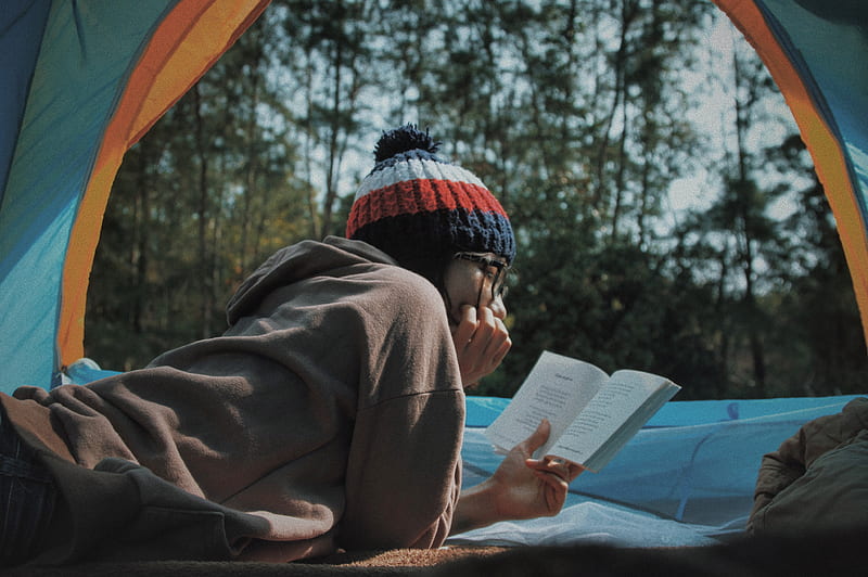 woman reading book in tent, HD wallpaper