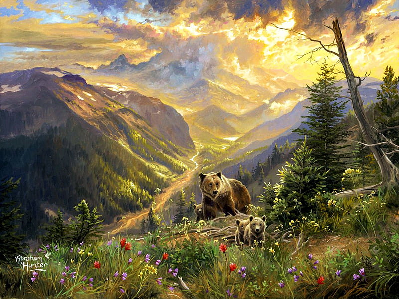 At The Summit, clouds, sky, trees, valley, sun, artwork, mountains, painting, flowers, nature, cubs, bears, HD wallpaper