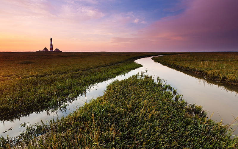 irrigation canal and lighthouse at a distance, irrigation canal, sundown, fields, clouds, lighthouse, HD wallpaper