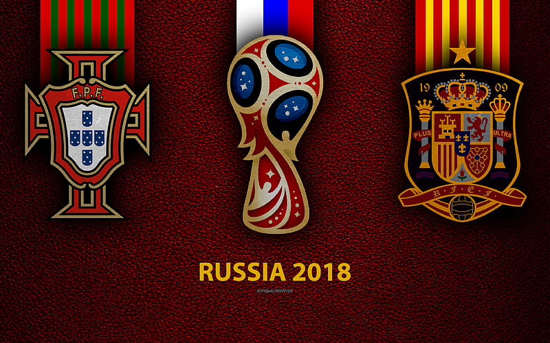 Portugal vs Spain football, logos, 2018 FIFA World Cup, Russia 2018, burgundy leather texture, Russia 2018 logo, cup, Portugal, Spain, national teams, football game, HD wallpaper