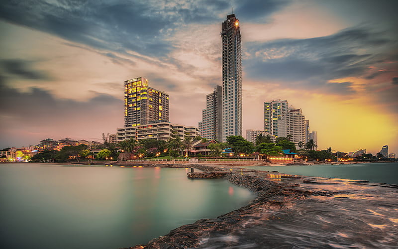 Pattaya, pier, modern buildings, Thailand, Asia, HD wallpaper