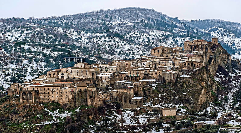 Oriolo_(Calabria)_Italy, architecture, rocks, Italia, grass, Italy, ruins, old, monument, green, landscapes, village, hills, ancient, view, houses, town, colors, sky, trees, panorama, building, antique, medieval, snow, mountains, castle, HD wallpaper