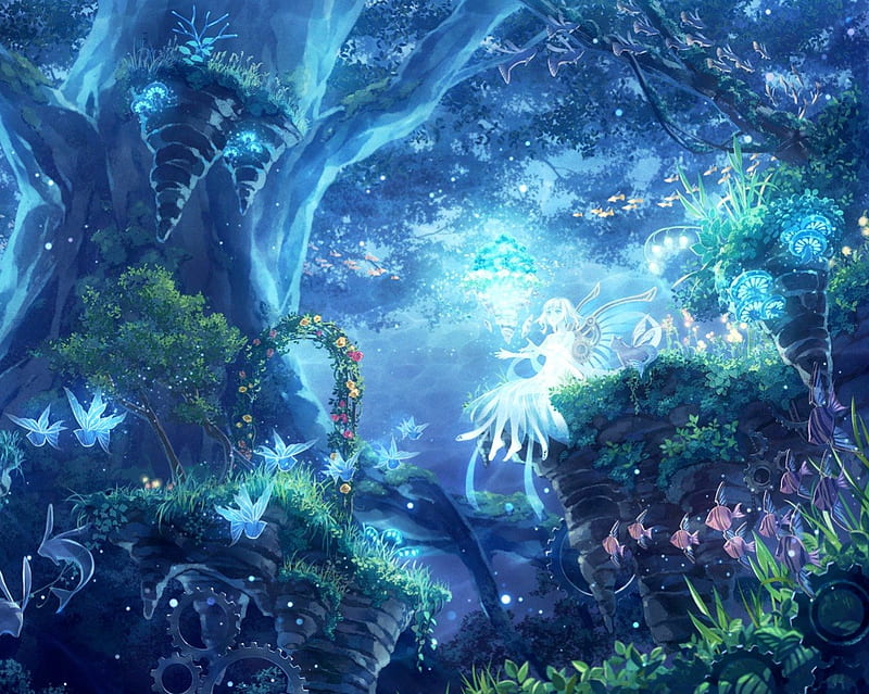 Enchanted Forest, glow, fish, plant, woods, sparks, wonder, magic, wing, sweet, nice, fantasy, anime, anime girl, enchanted, light, fairy, harmony, forest, female, wings, lovely, peace, cute, tree, kawaii, girl, paradise, magical, HD wallpaper