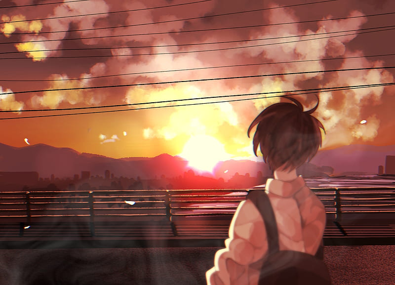 anime boy, sunset, school uniform, back view, scenic, Anime, HD wallpaper
