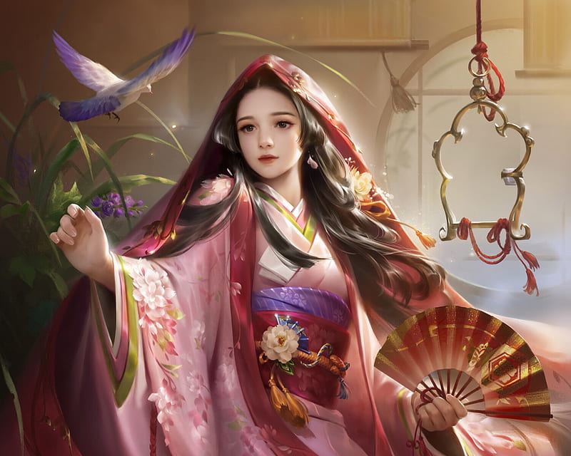 Princess by Yuanyuan Wang, red, yuanyuan wang, frumusete, luminos, kimono, hand fan, superb, fantasy, bird, evantai, pasari, princess, pink, gorgeous, HD wallpaper